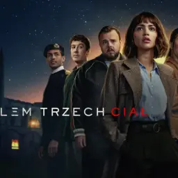 Grupa ludzi na tle nocnego nieba i budynku. Napis "Serial Problem Trzech Ciał" sugeruje tajemnicę.