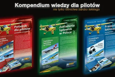 Trzy książki o samolotach: "Poradnik dla pilotów", "Zakładanie lądowisk w Polsce" i "Frazeologia lotnicza".