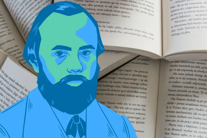 Portret Fiodora Dostojewskiego na tle otwartej książki. Jego biografia jest fascynująca.
