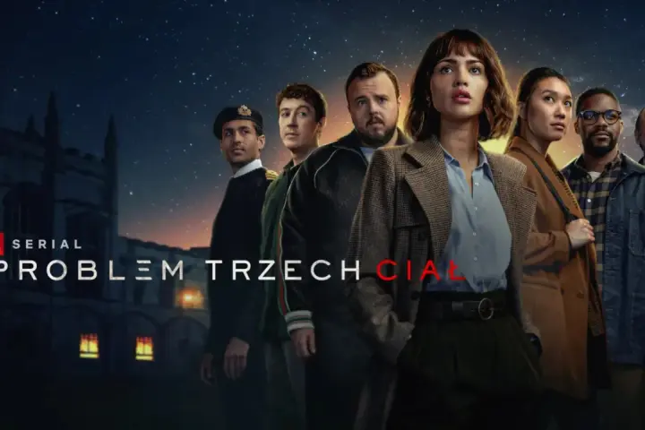Grupa ludzi na tle nocnego nieba i budynku. Napis "Serial Problem Trzech Ciał" sugeruje tajemnicę.